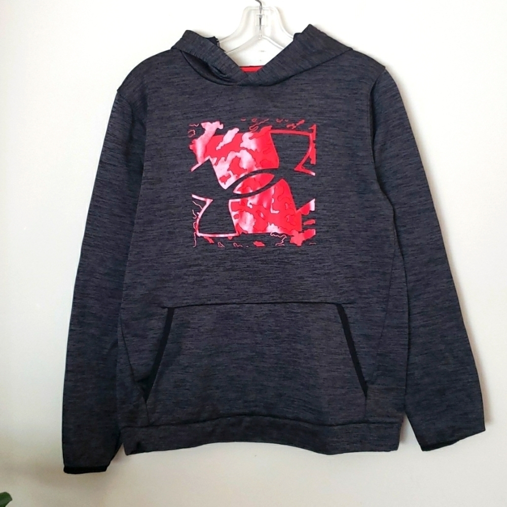 Under armour loose fit hoodie sweatshirt, gray red youth size XL